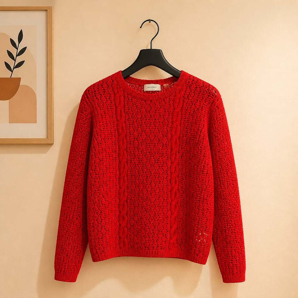 Dana B & Karen Red Open Knit Cable Texture Pullover Sweater